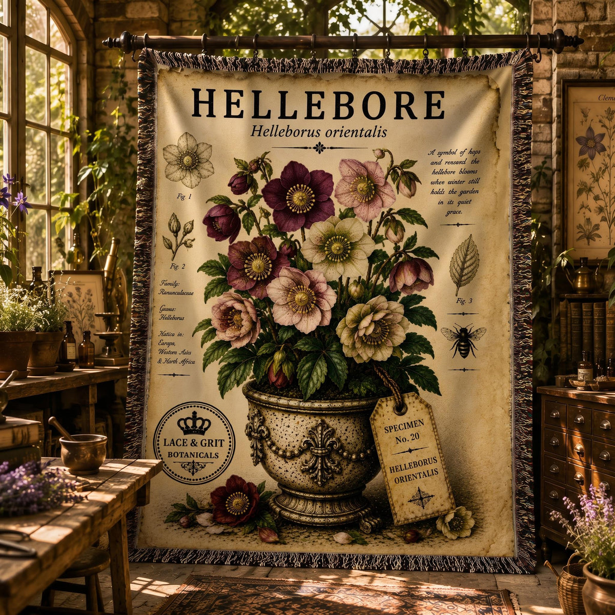 Hellebore Woven Throw Blanket, Botanical Garden Decor, Cotton Tapestry Throw, English Cottage Floral Gift