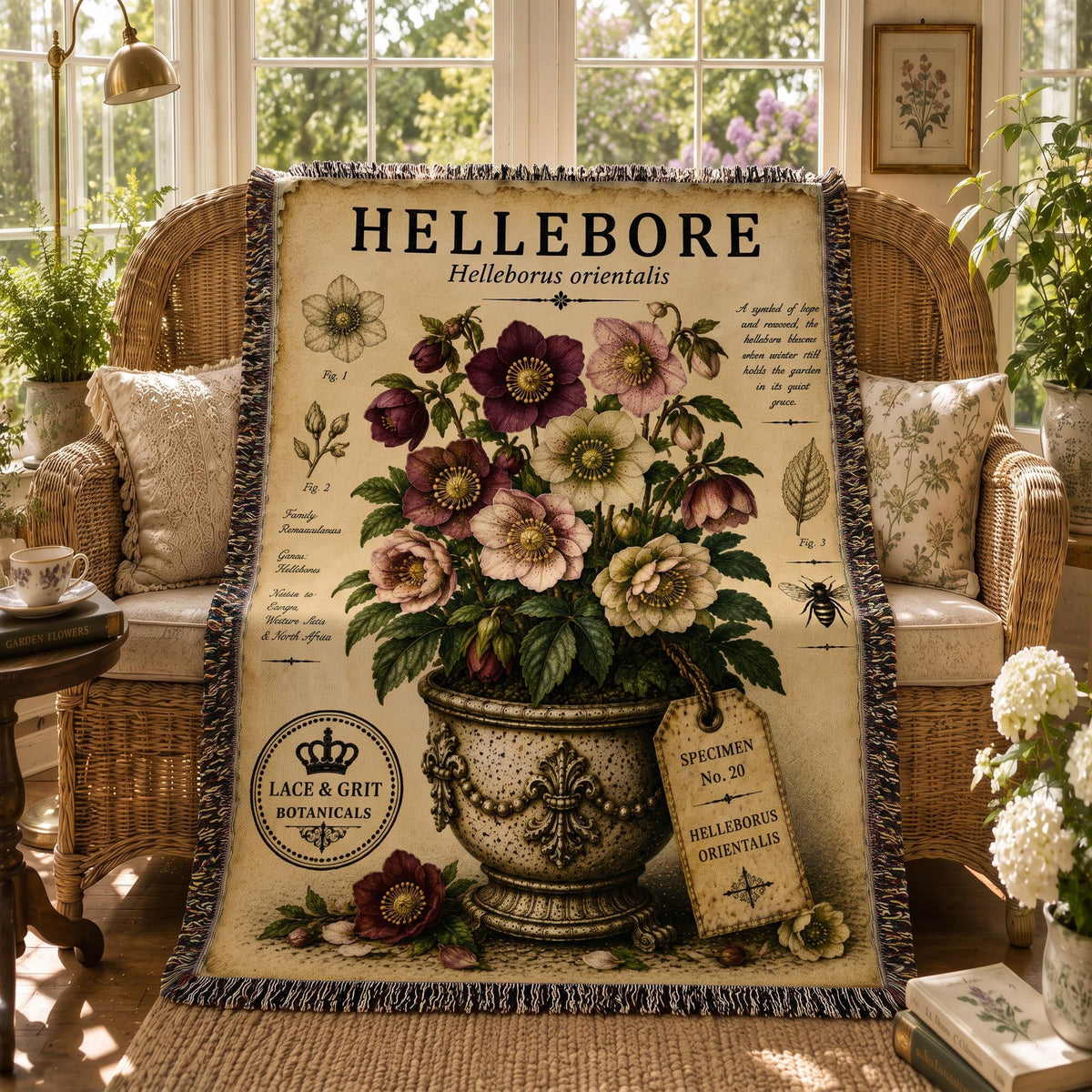 Hellebore Woven Throw Blanket, Botanical Garden Decor, Cotton Tapestry Throw, English Cottage Floral Gift