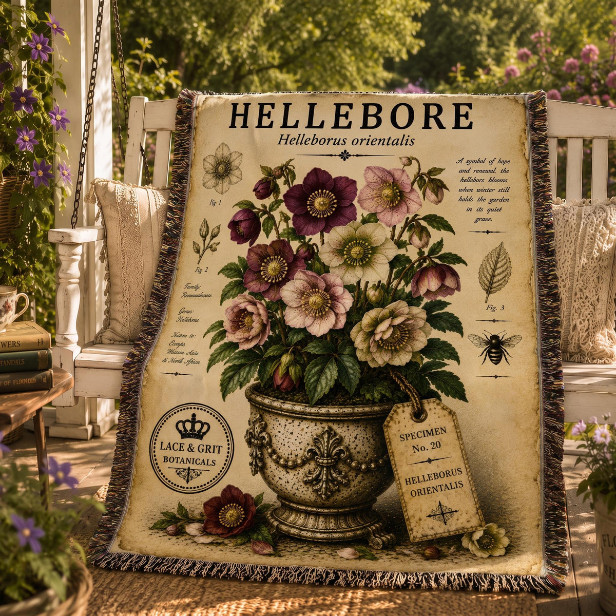 Hellebore Woven Throw Blanket, Botanical Garden Decor, Cotton Tapestry Throw, English Cottage Floral Gift