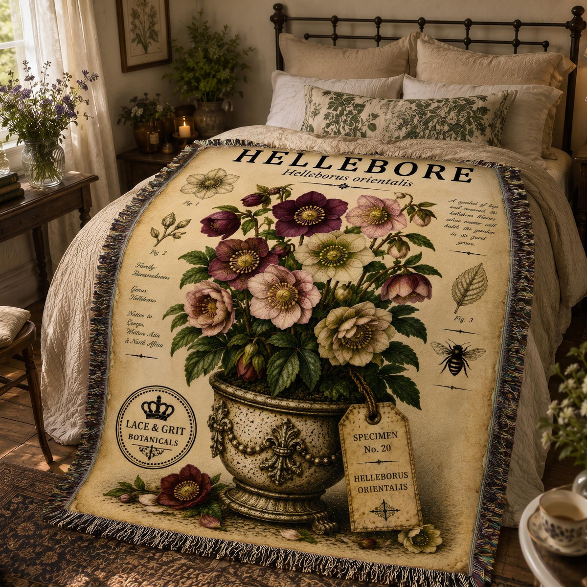 Hellebore Woven Throw Blanket, Botanical Garden Decor, Cotton Tapestry Throw, English Cottage Floral Gift
