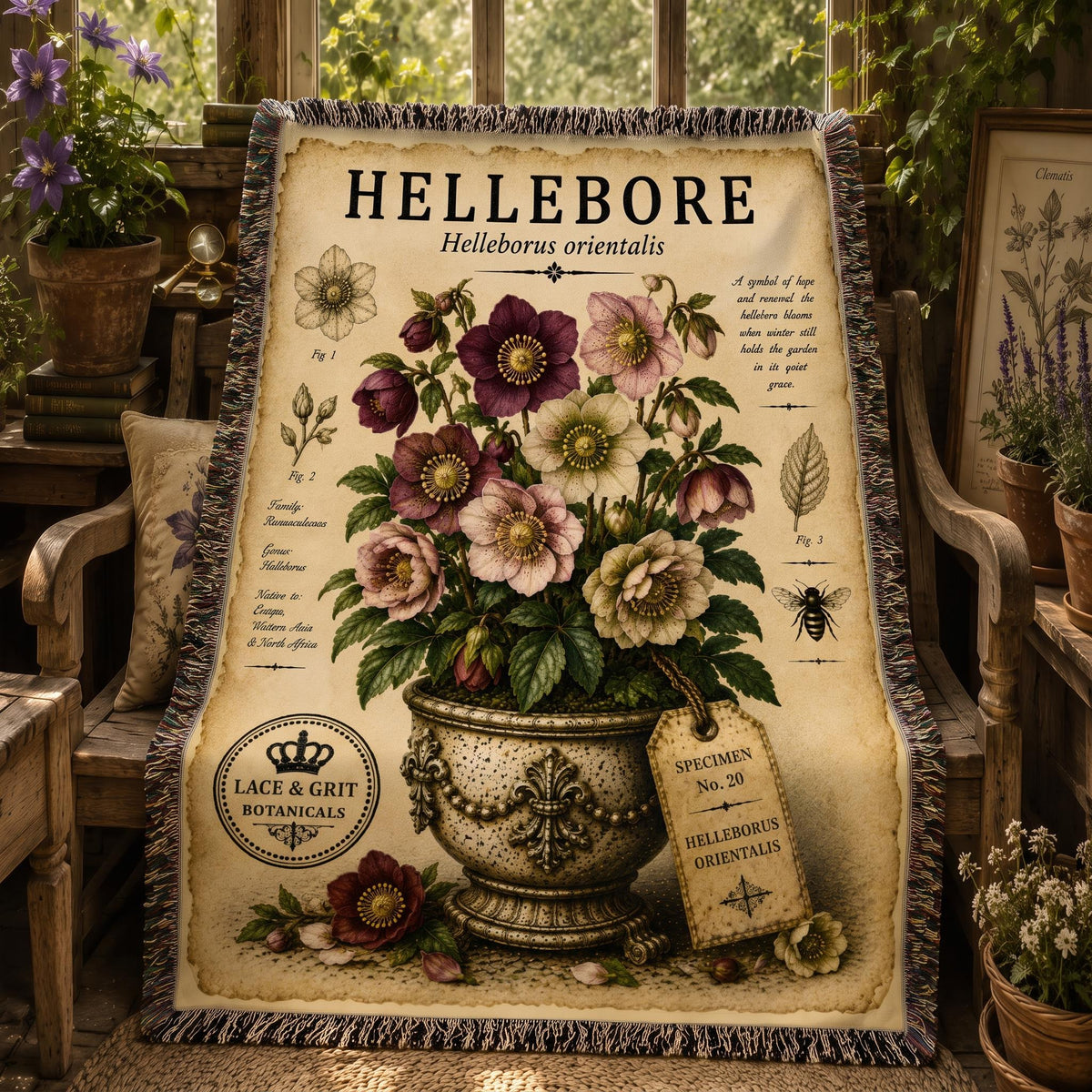 Hellebore Woven Throw Blanket, Botanical Garden Decor, Cotton Tapestry Throw, English Cottage Floral Gift