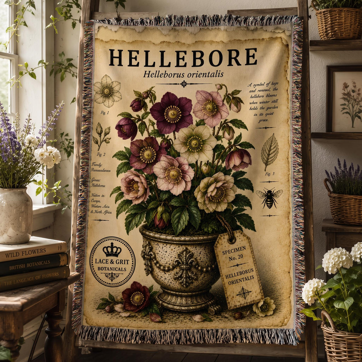 Hellebore Woven Throw Blanket, Botanical Garden Decor, Cotton Tapestry Throw, English Cottage Floral Gift