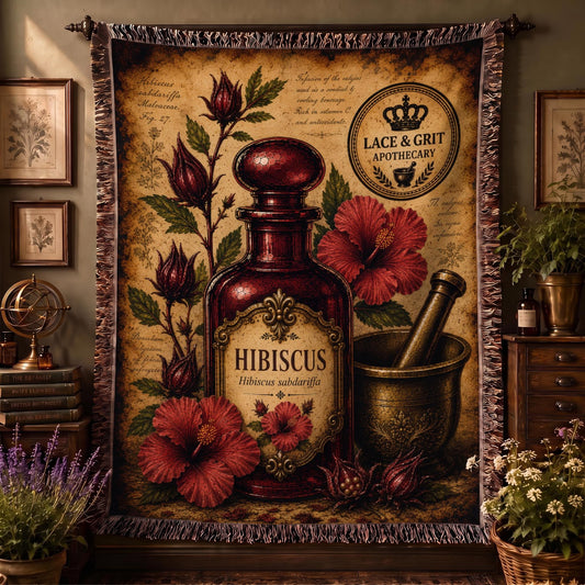 Hibiscus Woven Throw Blanket, Botanical Apothecary Decor, Cotton Tapestry Throw, English Cottage Herbal Gift