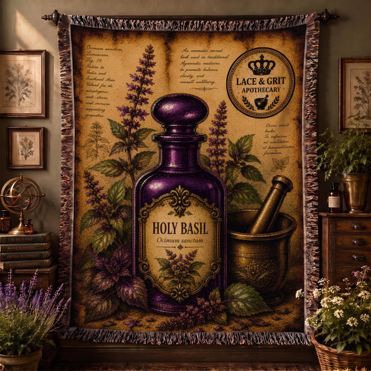 Holy Basil Woven Throw Blanket, Botanical Apothecary Decor, Cotton Tapestry Throw, English Cottage Herbal Gift