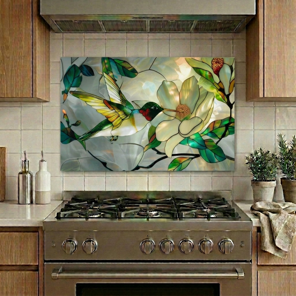 Hummingbird Metal Kitchen Backsplash Panel, Stained Glass Inspired Wall Art
