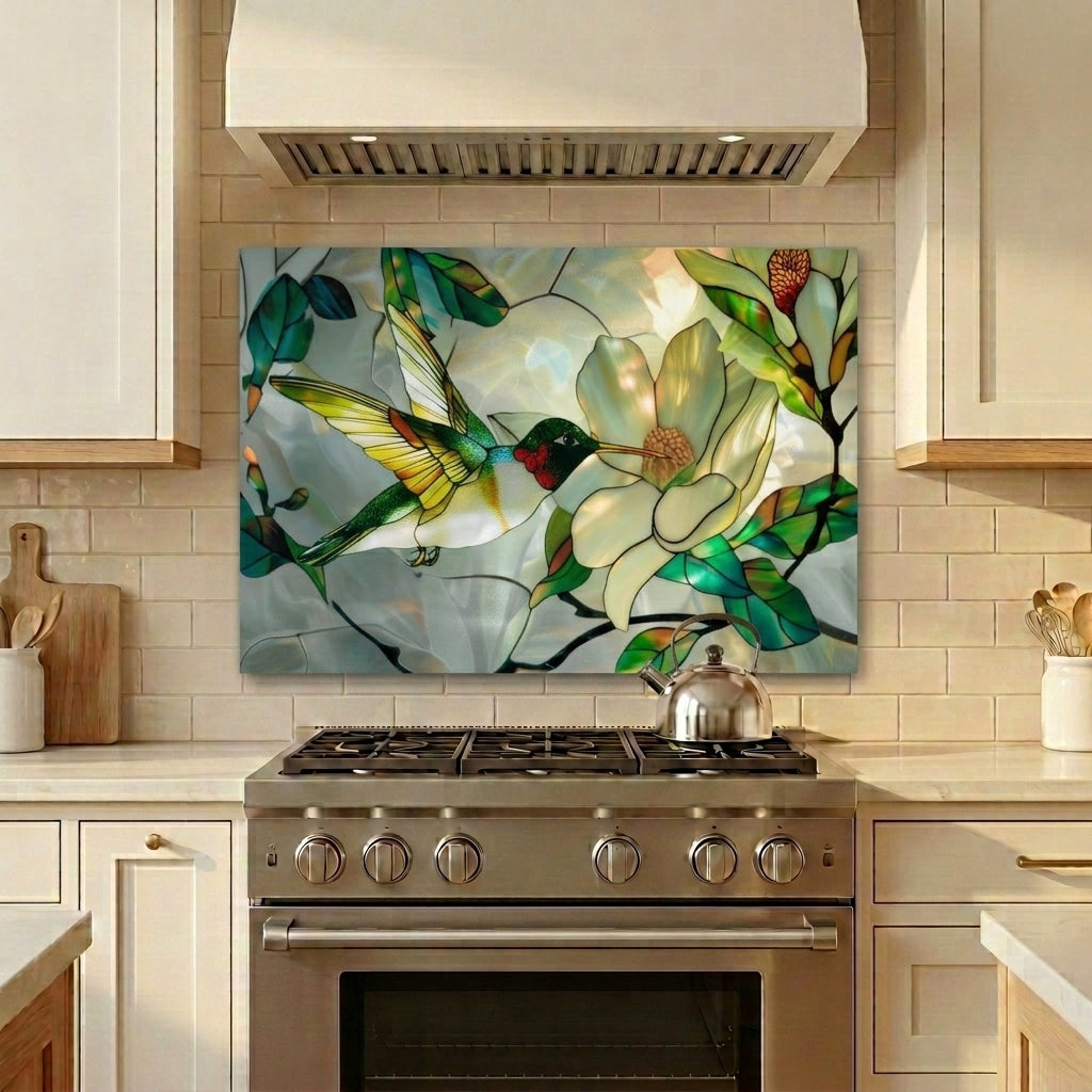Hummingbird Metal Kitchen Backsplash Panel, Stained Glass Inspired Wall Art