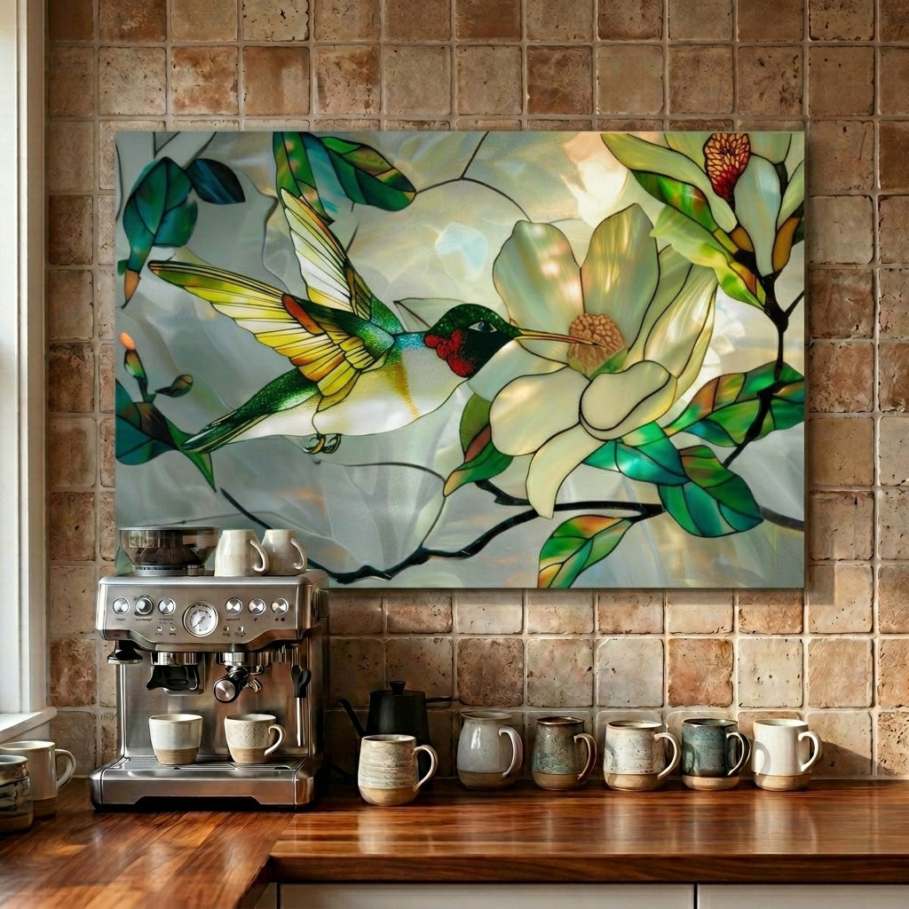 Hummingbird Metal Kitchen Backsplash Panel, Stained Glass Inspired Wall Art