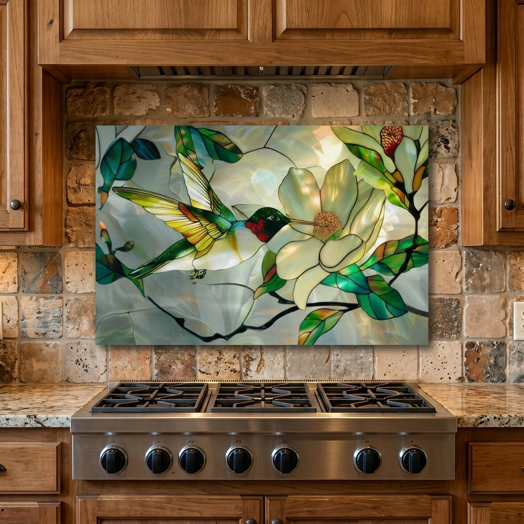 Hummingbird Metal Kitchen Backsplash Panel, Stained Glass Inspired Wall Art