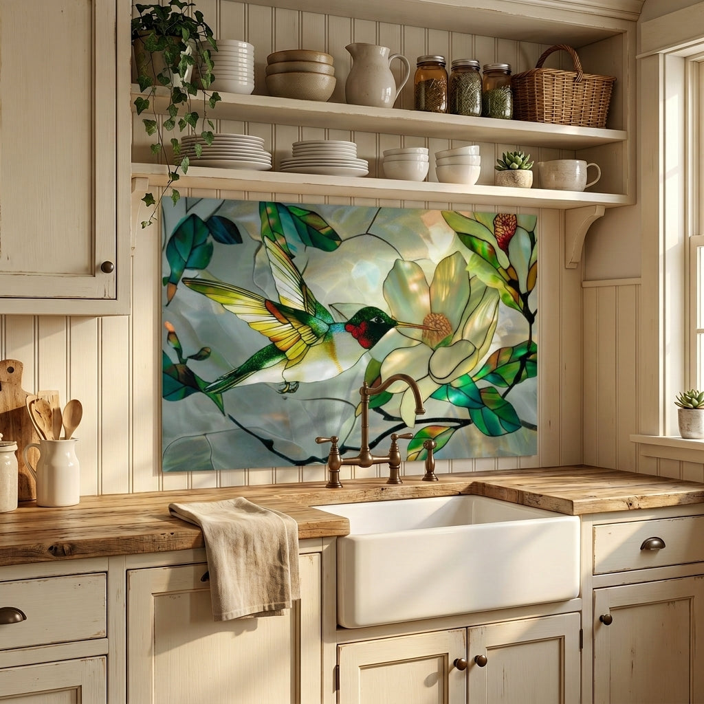 Hummingbird Metal Kitchen Backsplash Panel, Stained Glass Inspired Wall Art