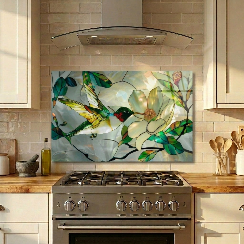 Hummingbird Metal Kitchen Backsplash Panel, Stained Glass Inspired Wall Art
