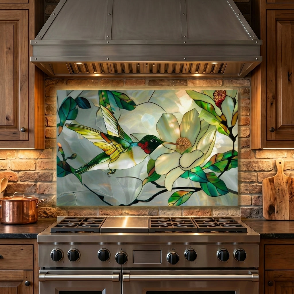 Hummingbird Metal Kitchen Backsplash Panel, Stained Glass Inspired Wall Art