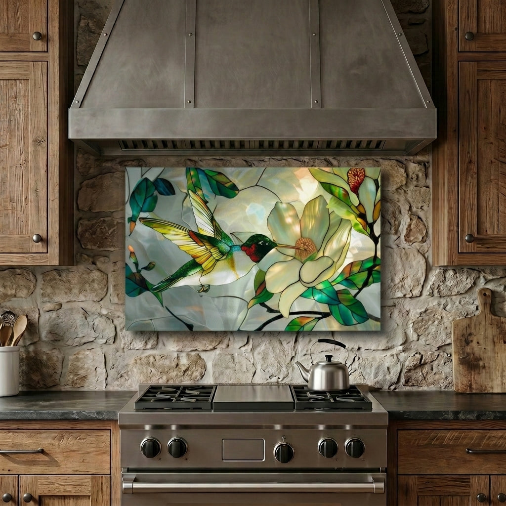 Hummingbird Metal Kitchen Backsplash Panel, Stained Glass Inspired Wall Art