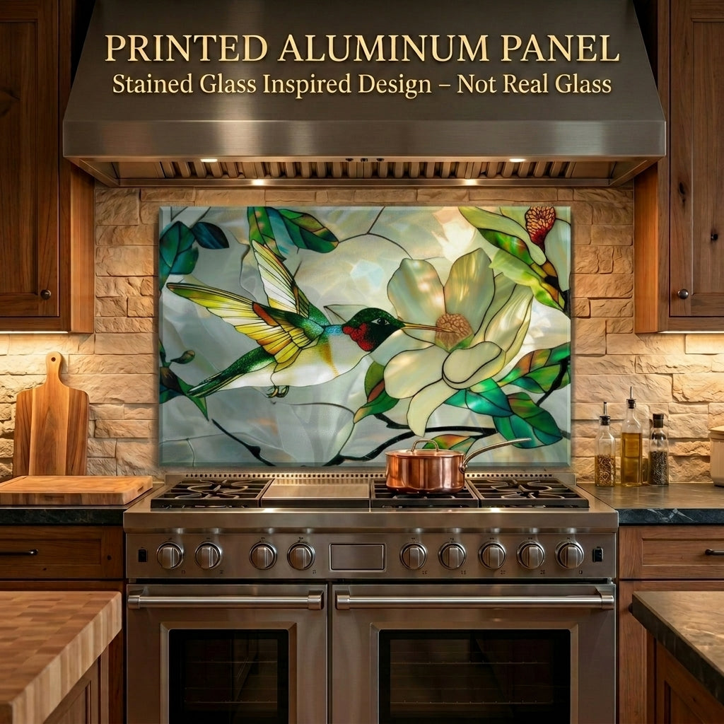 Hummingbird Metal Kitchen Backsplash Panel, Stained Glass Inspired Wall Art
