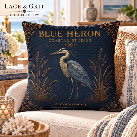 Blue Heron Pillow | Indoor Faux Suede & Outdoor | Coastal Decor | Lace & Grit