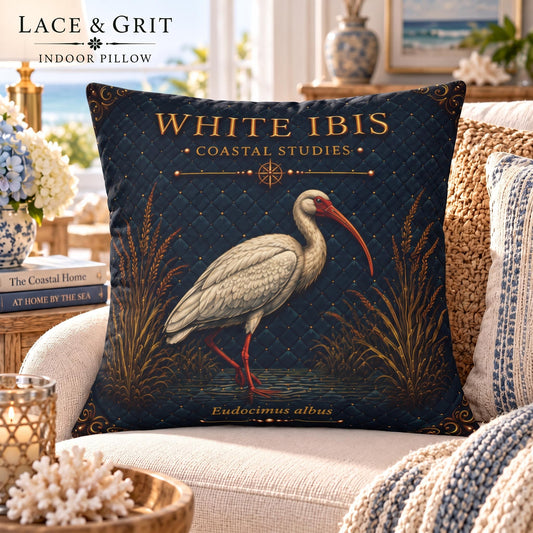White Ibis Pillow | Indoor Faux Suede & Outdoor | Coastal Decor | Lace & Grit