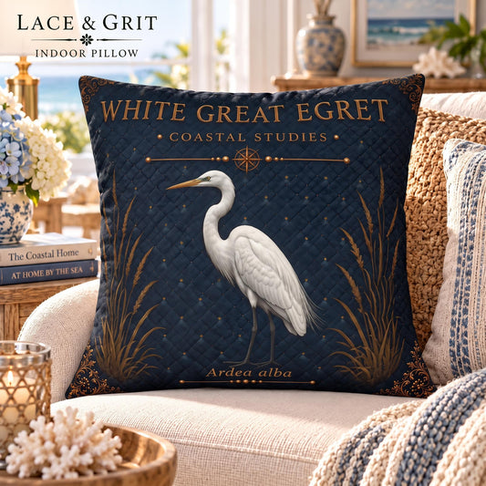 White Egret Pillow | Indoor Faux Suede & Outdoor | Coastal Decor | Lace & Grit