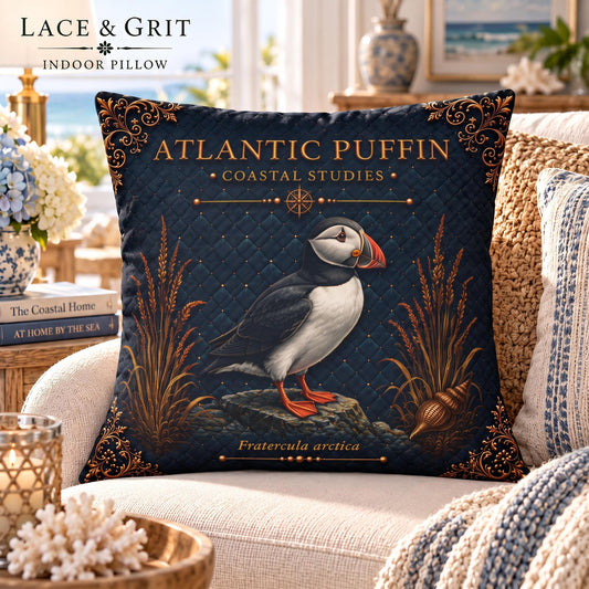 Atlantic Puffin Pillow | Indoor Faux Suede & Outdoor | Coastal Decor | Lace & Grit