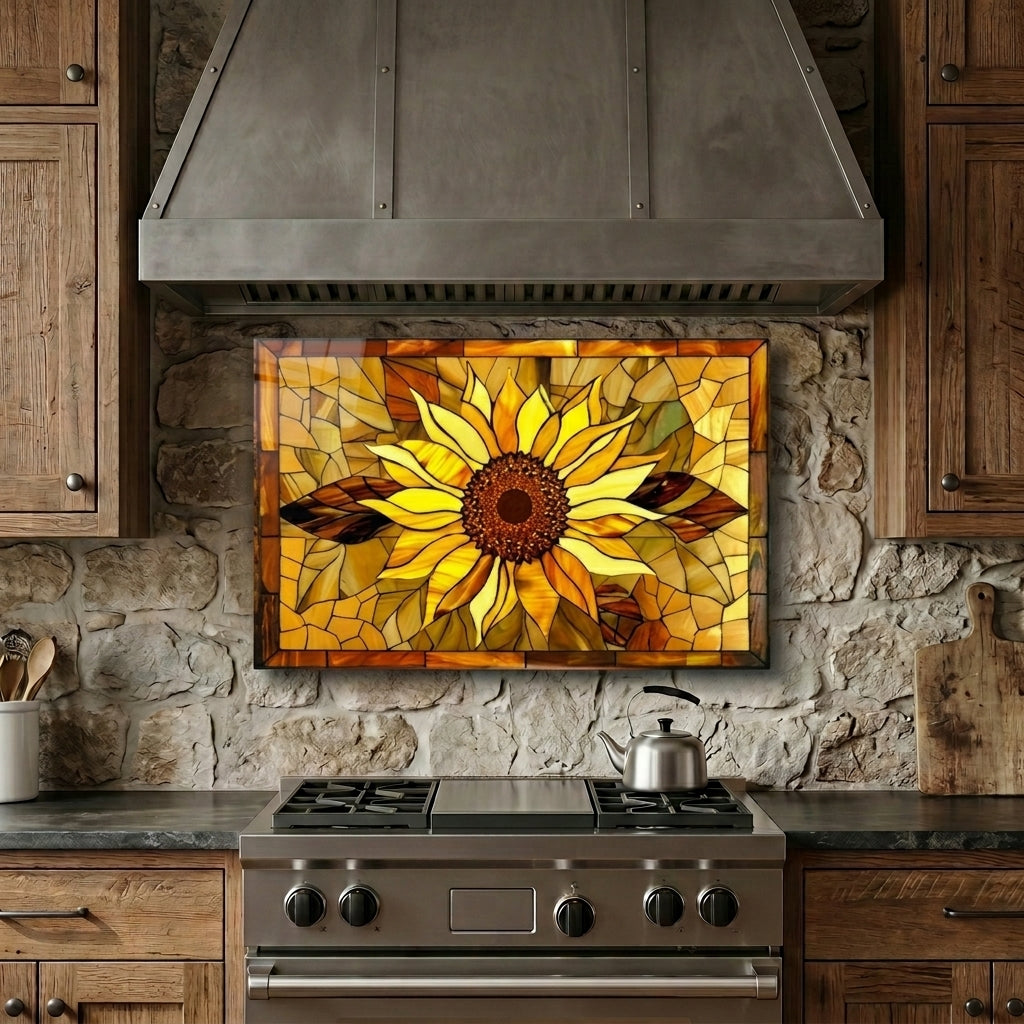 Sunflower Metal Kitchen Backsplash Panel, Stained Glass Inspired Wall Art