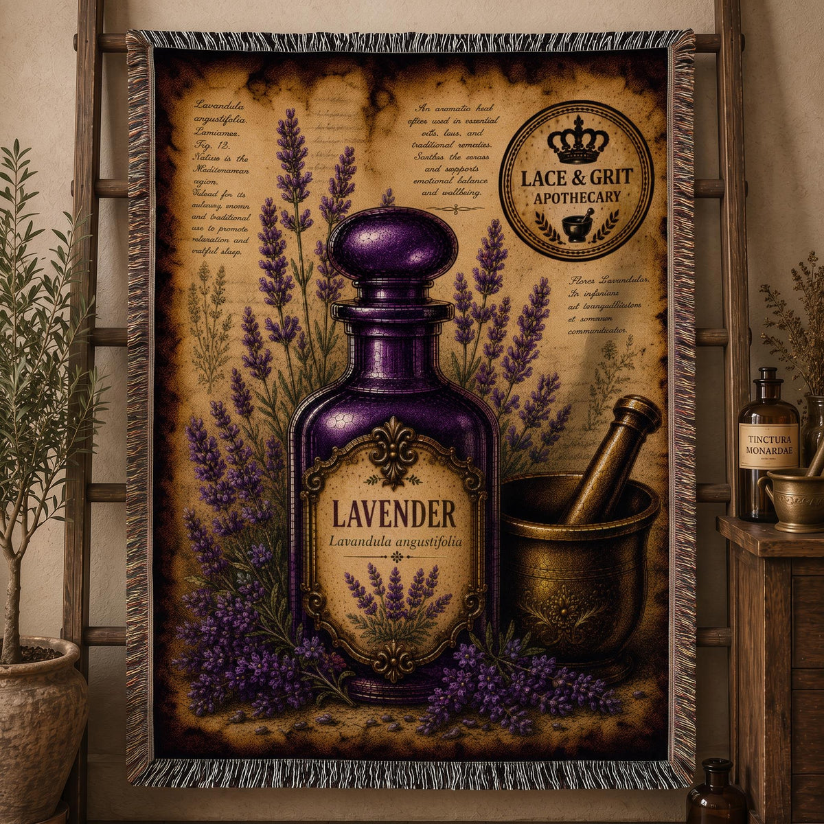 Lavender Woven Throw Blanket, Botanical Apothecary Decor, Cotton Tapestry Throw, English Cottage Herbal Gift