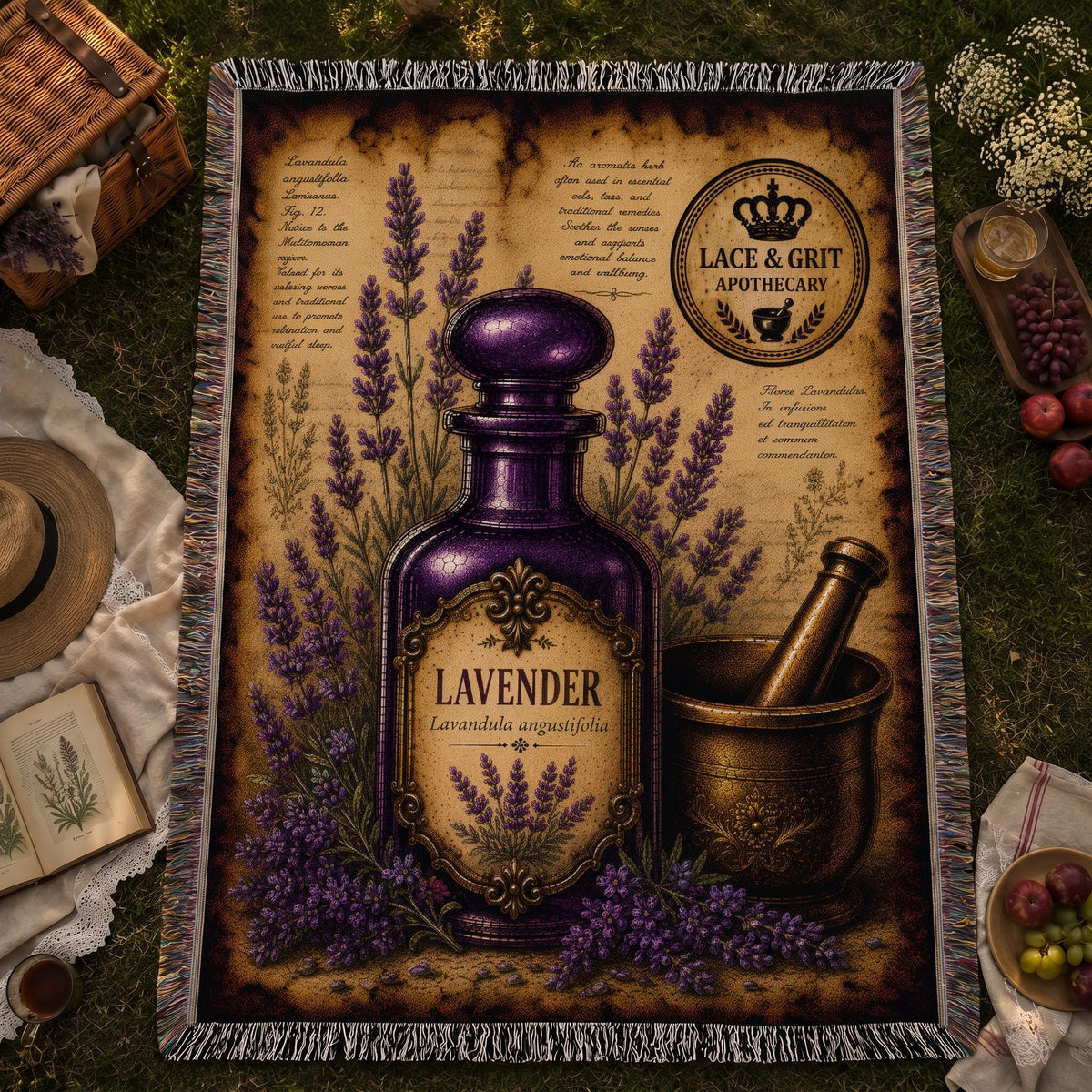 Lavender Woven Throw Blanket, Botanical Apothecary Decor, Cotton Tapestry Throw, English Cottage Herbal Gift