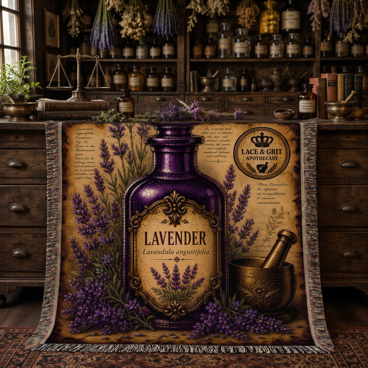 Lavender Woven Throw Blanket, Botanical Apothecary Decor, Cotton Tapestry Throw, English Cottage Herbal Gift