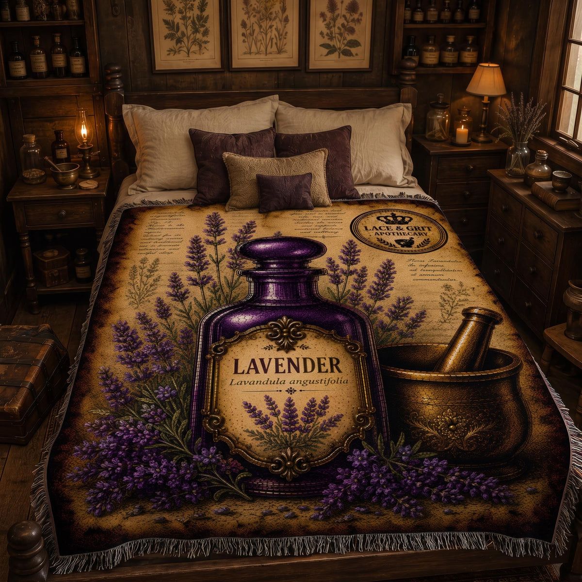 Lavender Woven Throw Blanket, Botanical Apothecary Decor, Cotton Tapestry Throw, English Cottage Herbal Gift