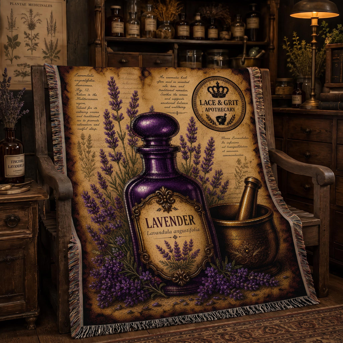Lavender Woven Throw Blanket, Botanical Apothecary Decor, Cotton Tapestry Throw, English Cottage Herbal Gift