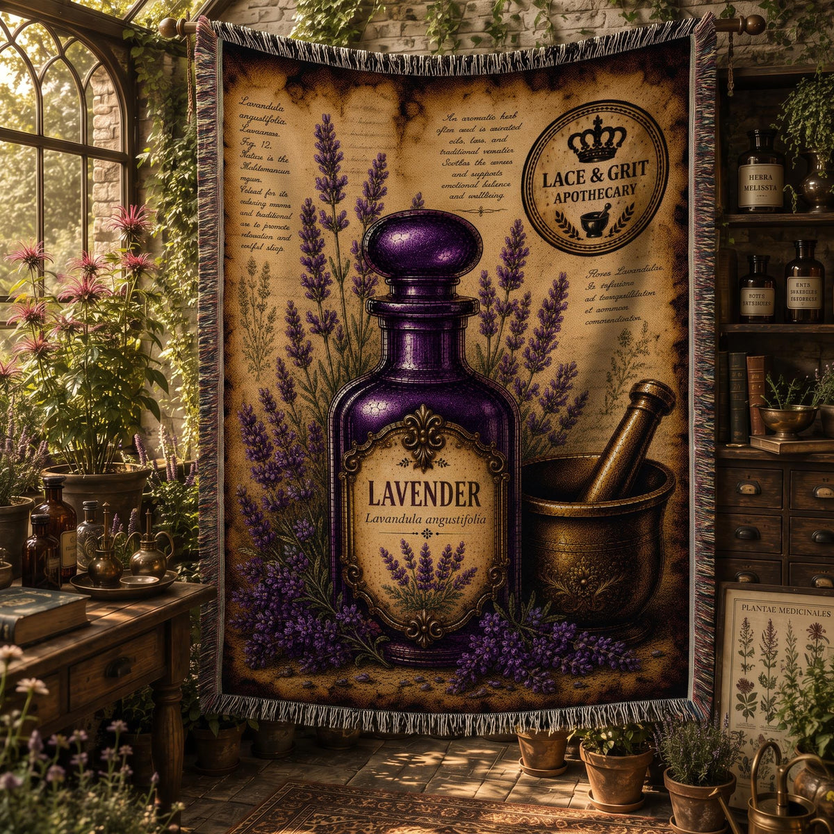Lavender Woven Throw Blanket, Botanical Apothecary Decor, Cotton Tapestry Throw, English Cottage Herbal Gift