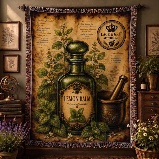Lemon Balm Woven Throw Blanket, Botanical Apothecary Decor, Cotton Tapestry Throw, English Cottage Herbal Gift