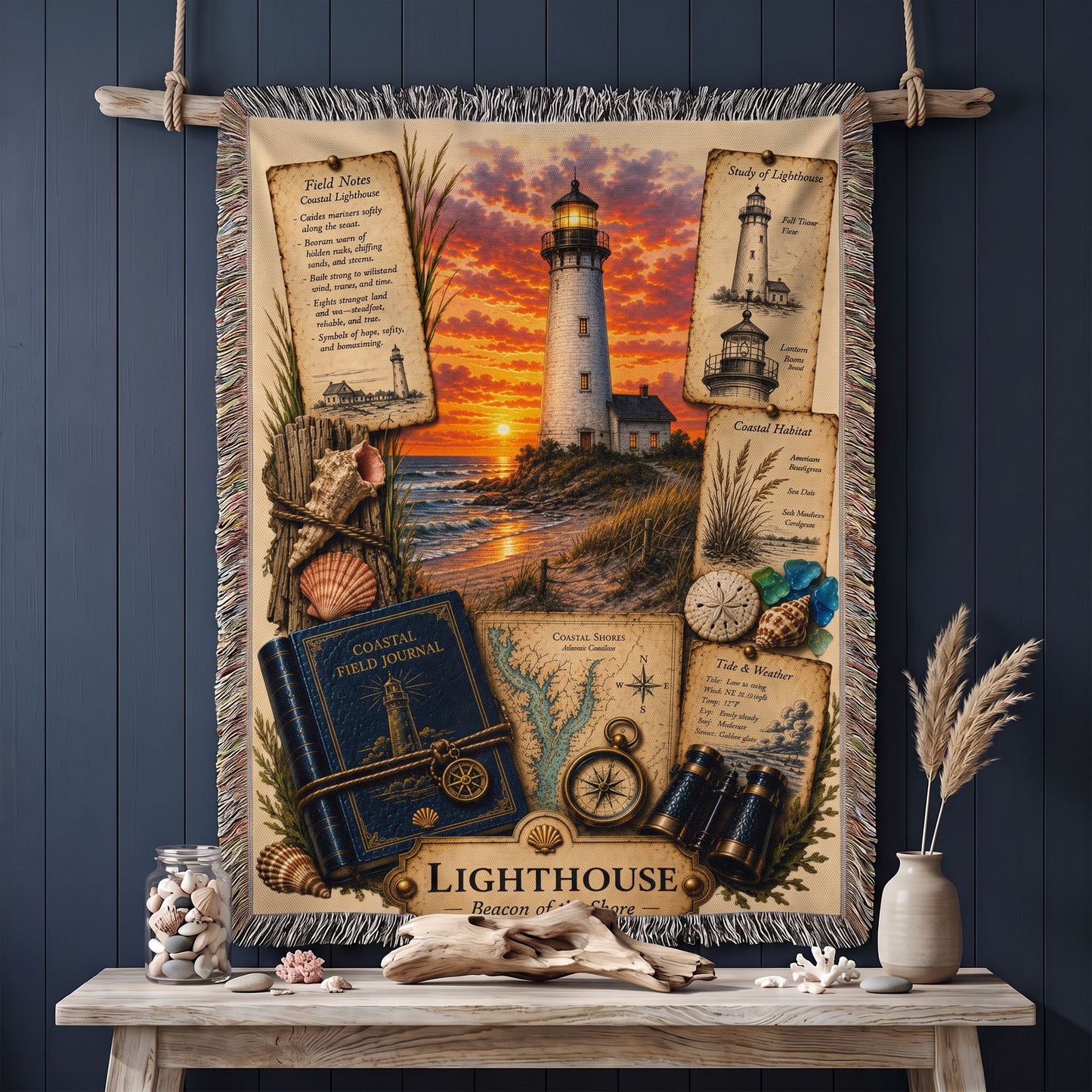 Lighthouse Woven Throw Blanket | Coastal Home Decor | Cotton Tapestry Throw | Nautical Journal Gift