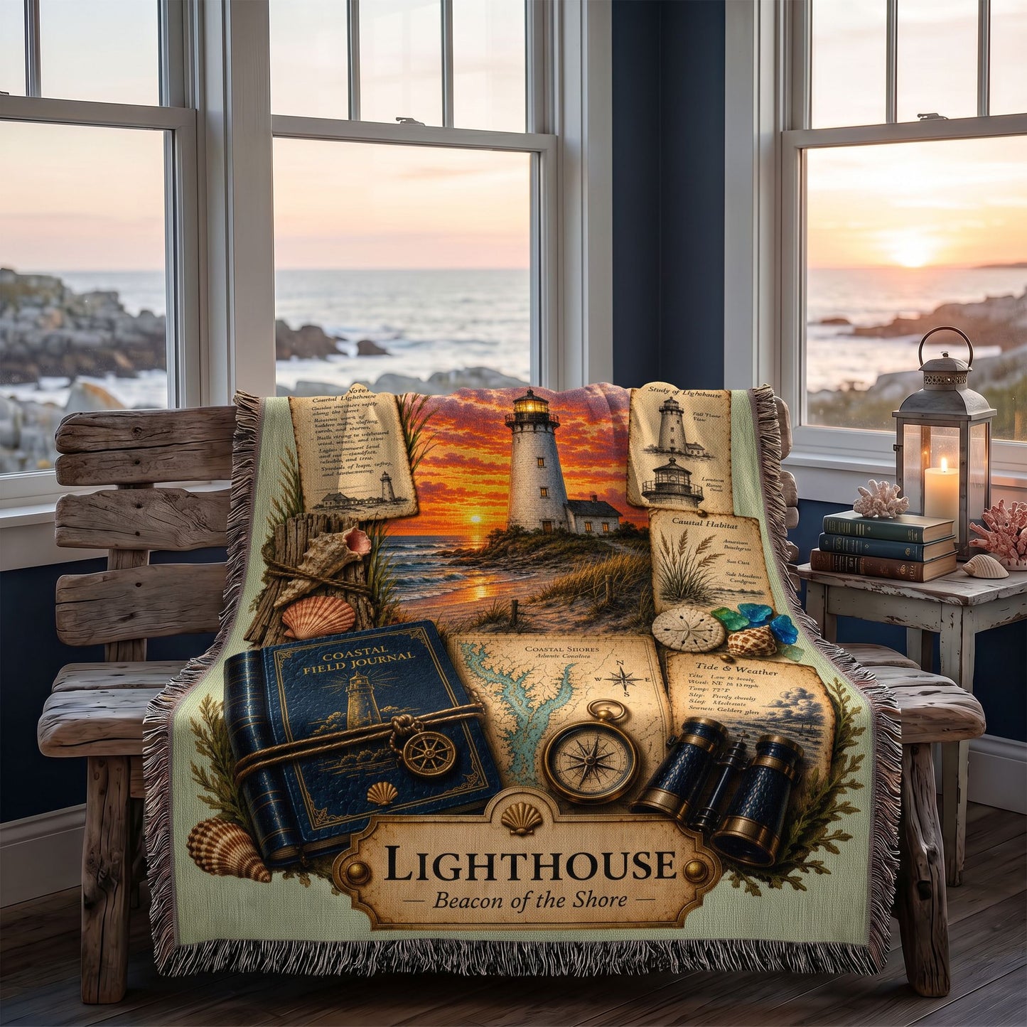Lighthouse Woven Throw Blanket | Coastal Home Decor | Cotton Tapestry Throw | Nautical Journal Gift
