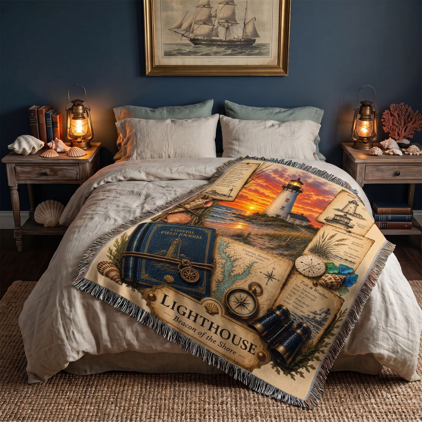 Lighthouse Woven Throw Blanket | Coastal Home Decor | Cotton Tapestry Throw | Nautical Journal Gift