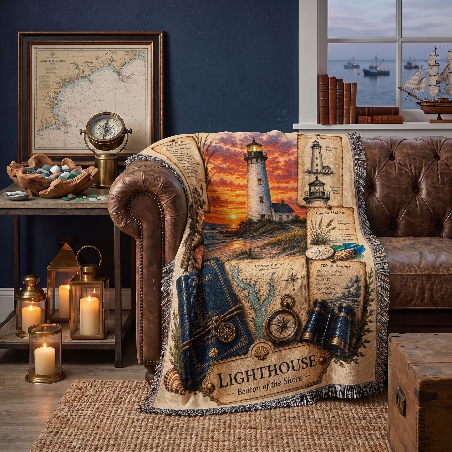 Lighthouse Woven Throw Blanket | Coastal Home Decor | Cotton Tapestry Throw | Nautical Journal Gift