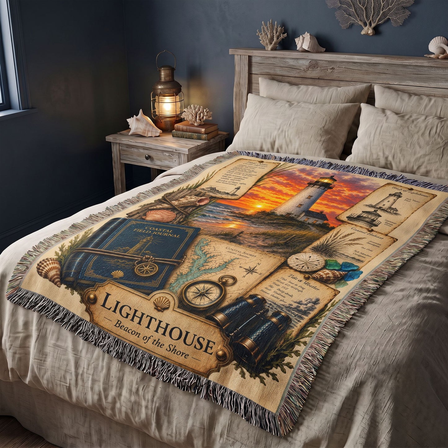 Lighthouse Woven Throw Blanket | Coastal Home Decor | Cotton Tapestry Throw | Nautical Journal Gift