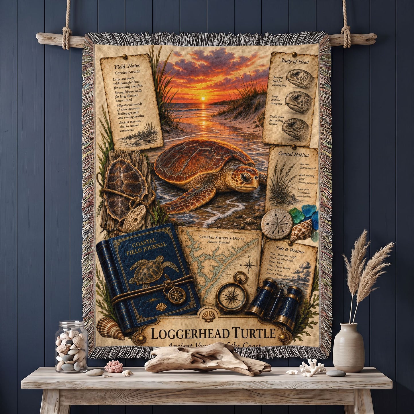 Loggerhead Turtle Woven Throw Blanket | Coastal Wildlife Decor | Cotton Tapestry Throw | Naturalist Journal Gift