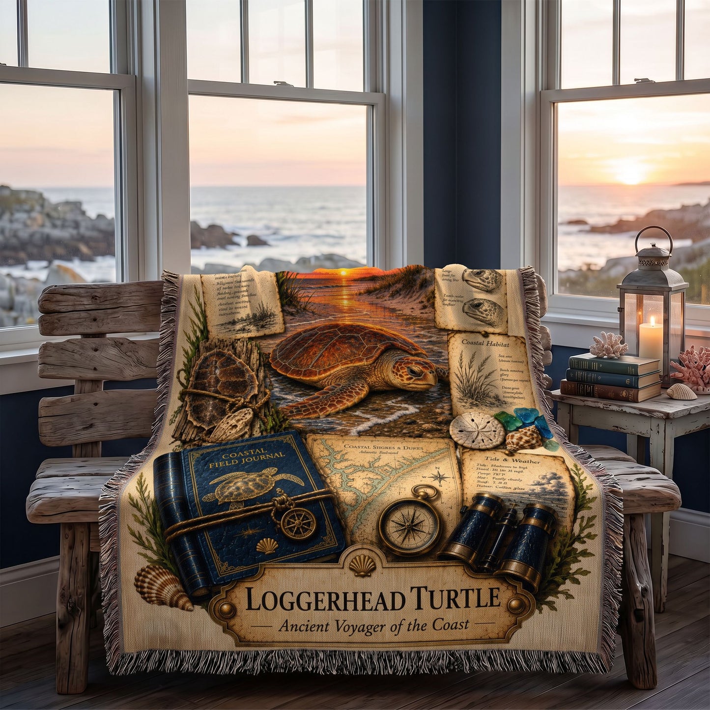 Loggerhead Turtle Woven Throw Blanket | Coastal Wildlife Decor | Cotton Tapestry Throw | Naturalist Journal Gift
