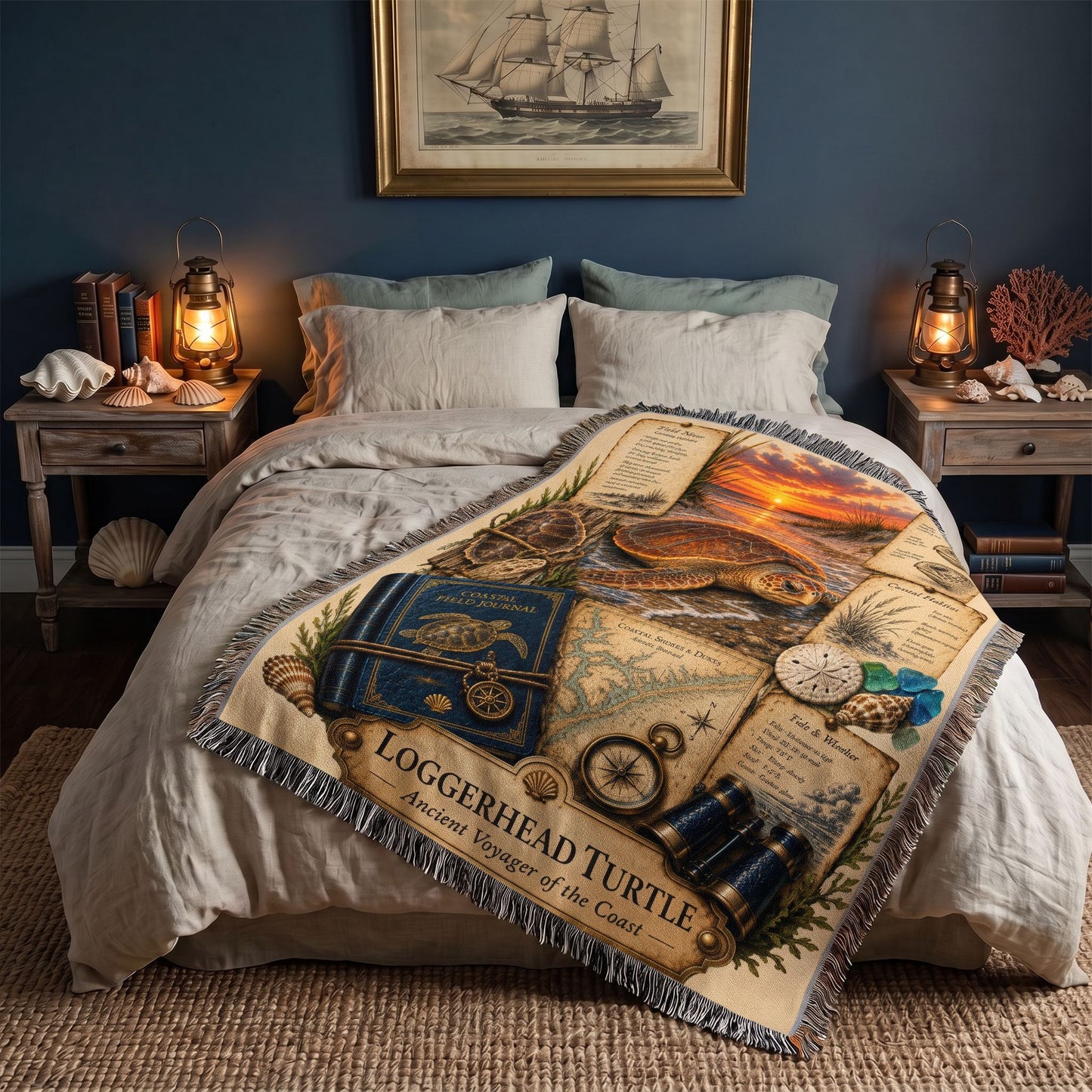 Loggerhead Turtle Woven Throw Blanket | Coastal Wildlife Decor | Cotton Tapestry Throw | Naturalist Journal Gift