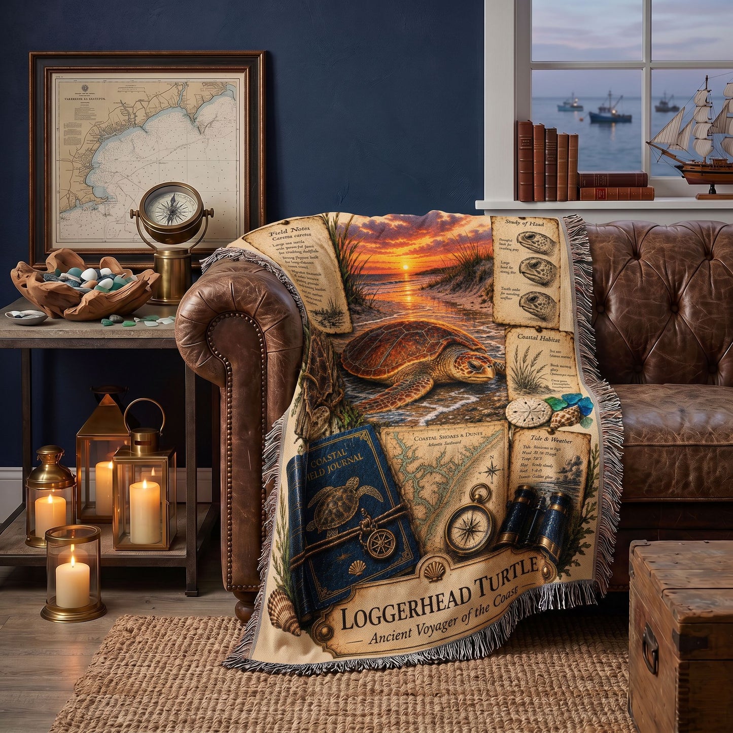 Loggerhead Turtle Woven Throw Blanket | Coastal Wildlife Decor | Cotton Tapestry Throw | Naturalist Journal Gift