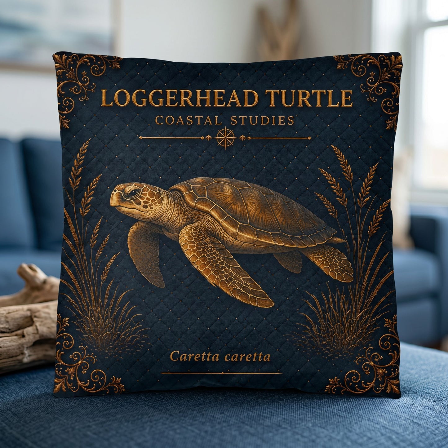 Loggerhead Turtle Coastal Pillow, Nautical Throw Pillow, Navy Coastal Cushion, Beach House & Lake House Decor, Coastal Grandma Style