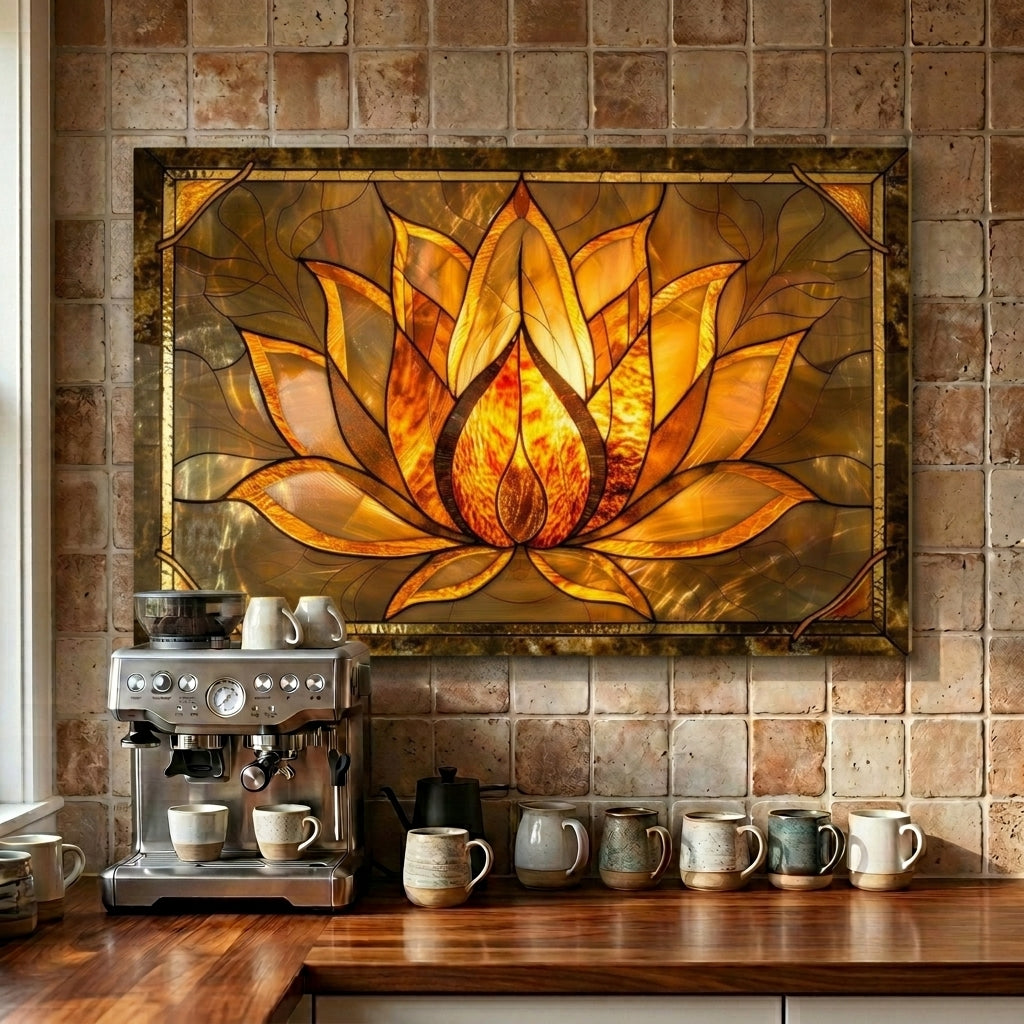 Lotus Metal Kitchen Backsplash Panel, Stained Glass Inspired Wall Art