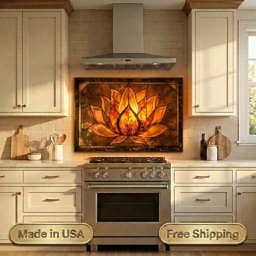 Lotus Metal Kitchen Backsplash Panel, Stained Glass Inspired Wall Art
