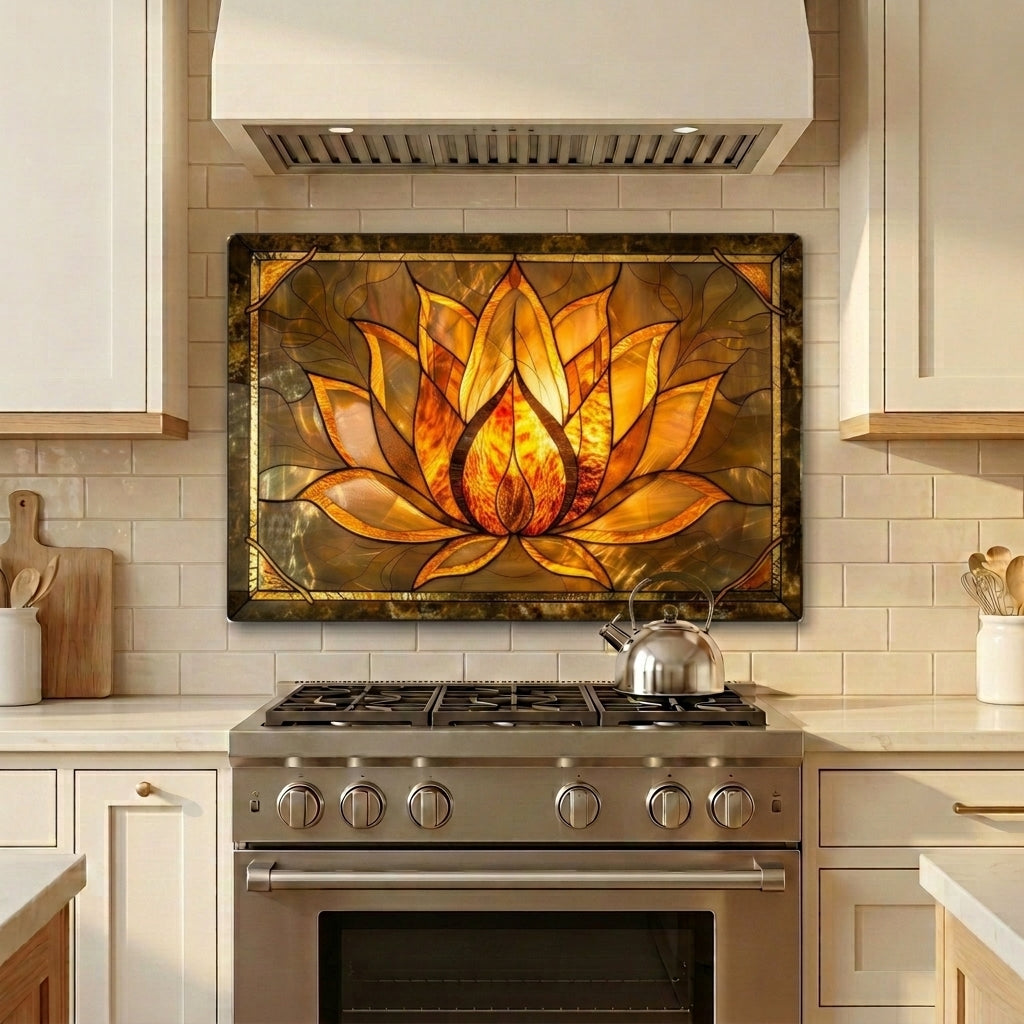 Lotus Metal Kitchen Backsplash Panel, Stained Glass Inspired Wall Art