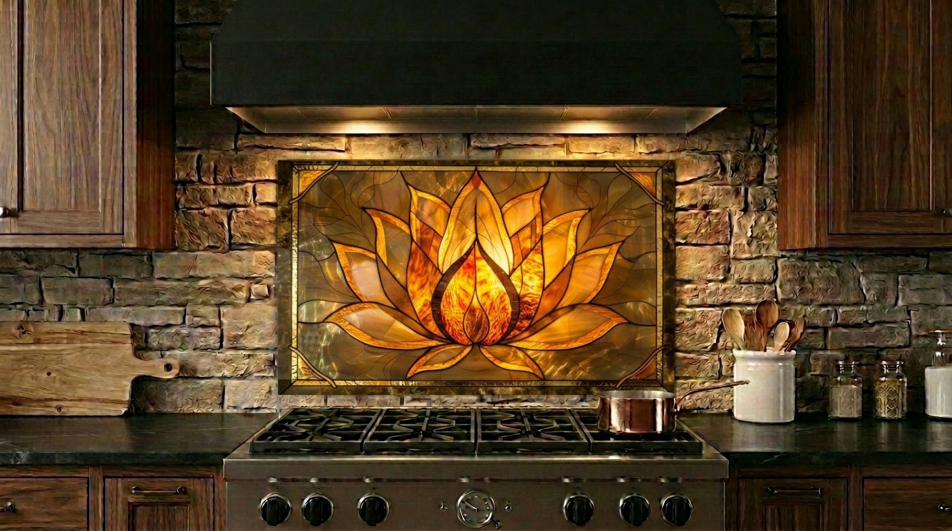 Lotus Metal Kitchen Backsplash Panel, Stained Glass Inspired Wall Art