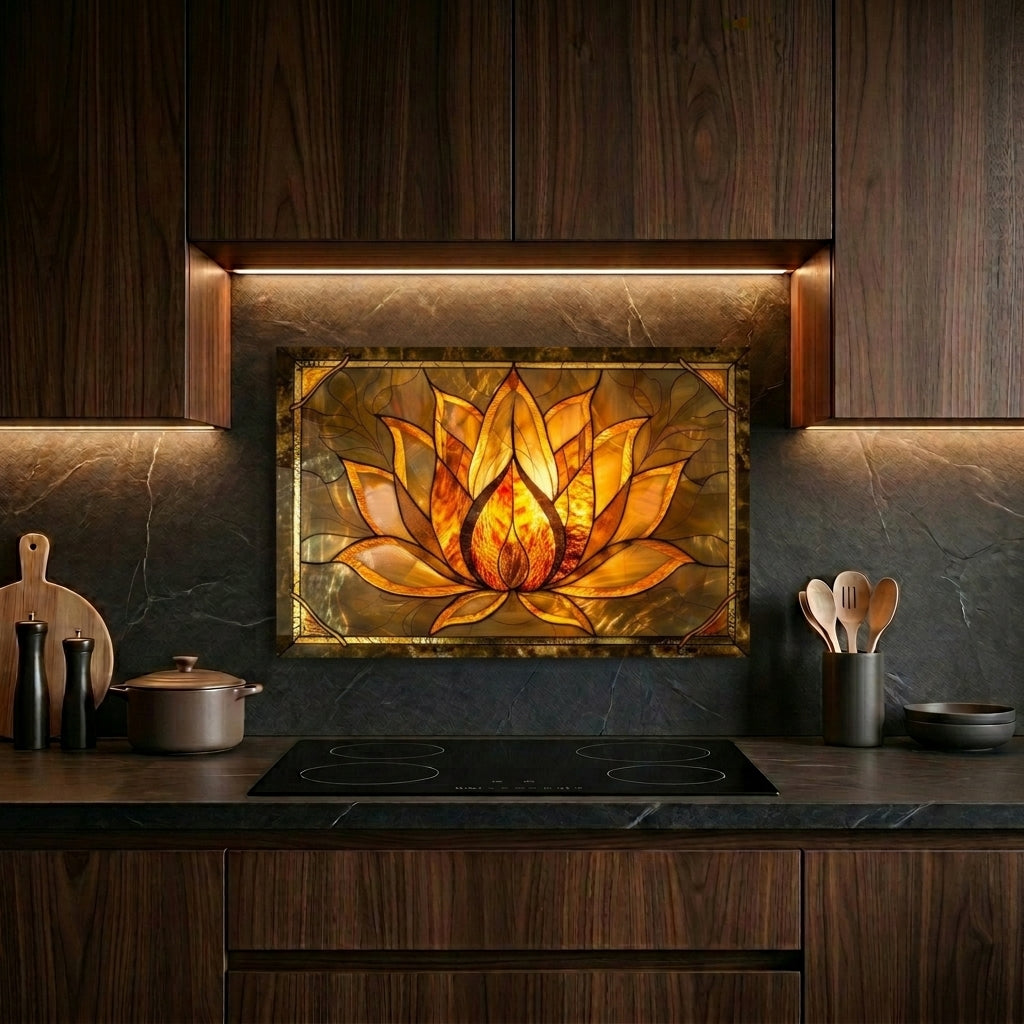 Lotus Metal Kitchen Backsplash Panel, Stained Glass Inspired Wall Art