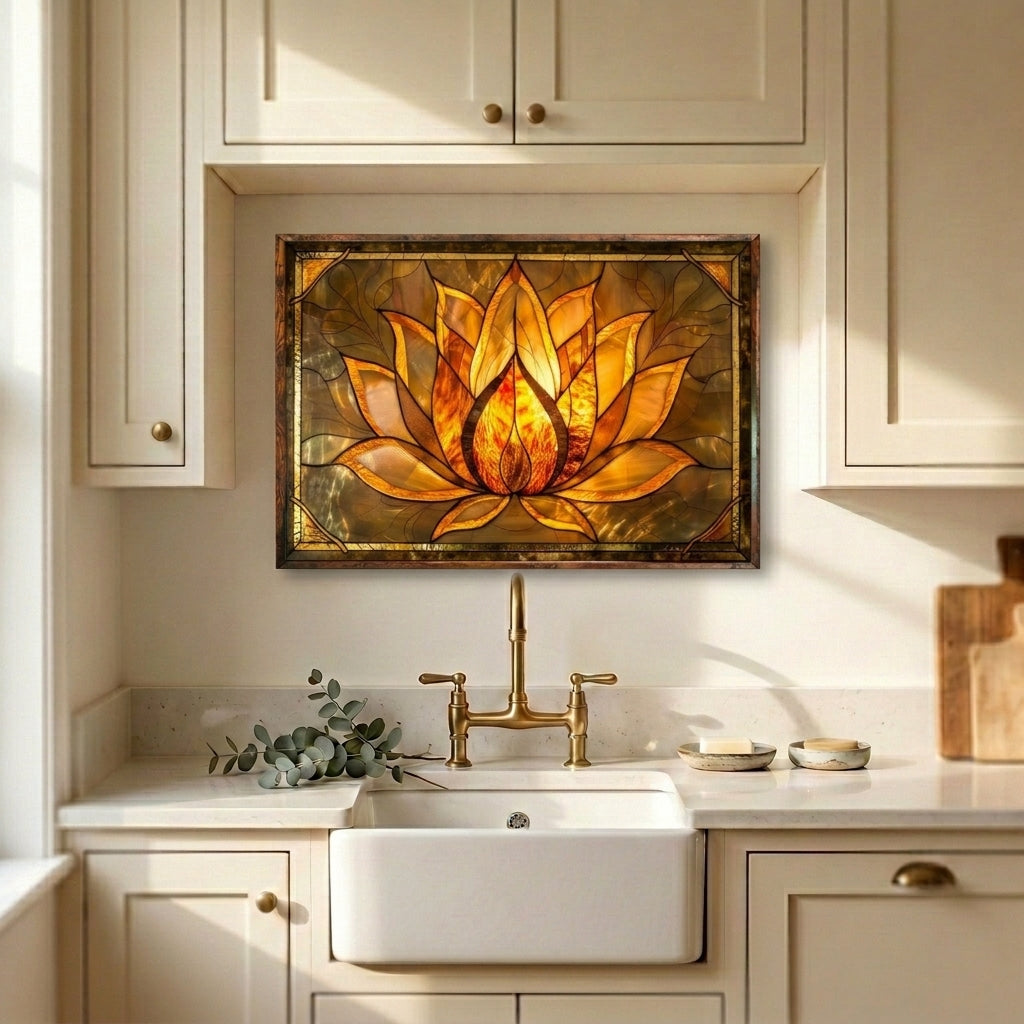 Lotus Metal Kitchen Backsplash Panel, Stained Glass Inspired Wall Art