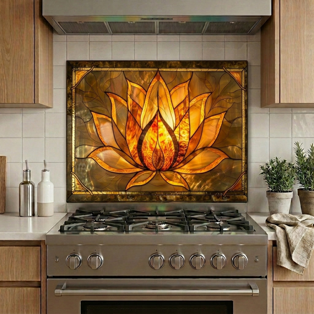 Lotus Metal Kitchen Backsplash Panel, Stained Glass Inspired Wall Art