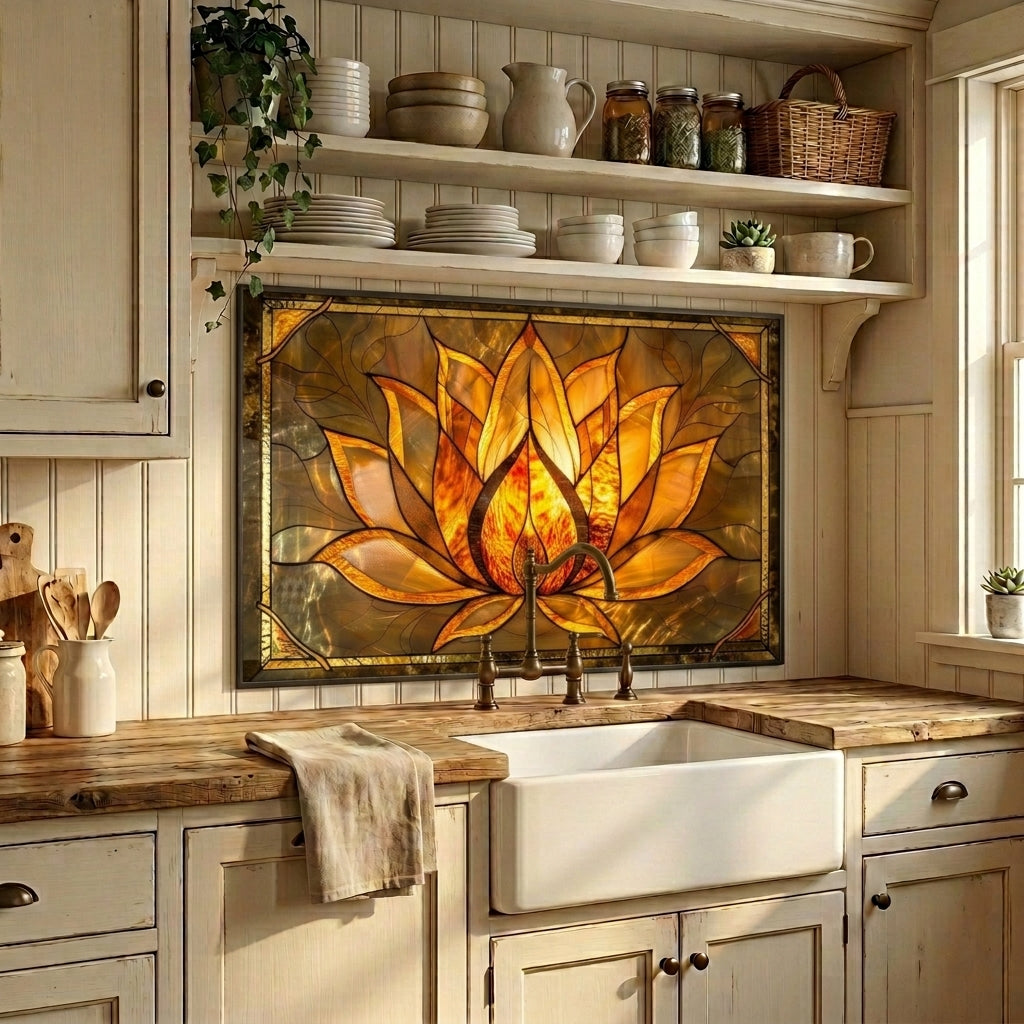 Lotus Metal Kitchen Backsplash Panel, Stained Glass Inspired Wall Art