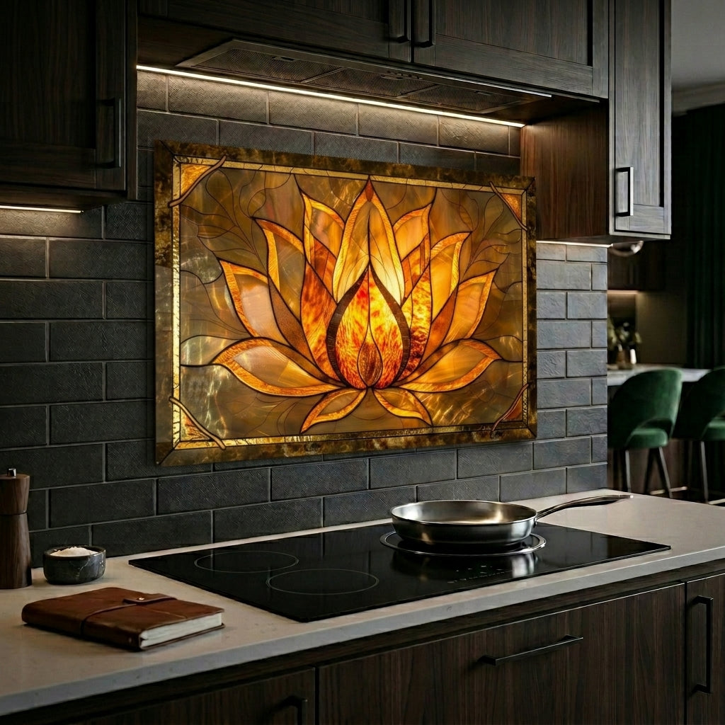 Lotus Metal Kitchen Backsplash Panel, Stained Glass Inspired Wall Art