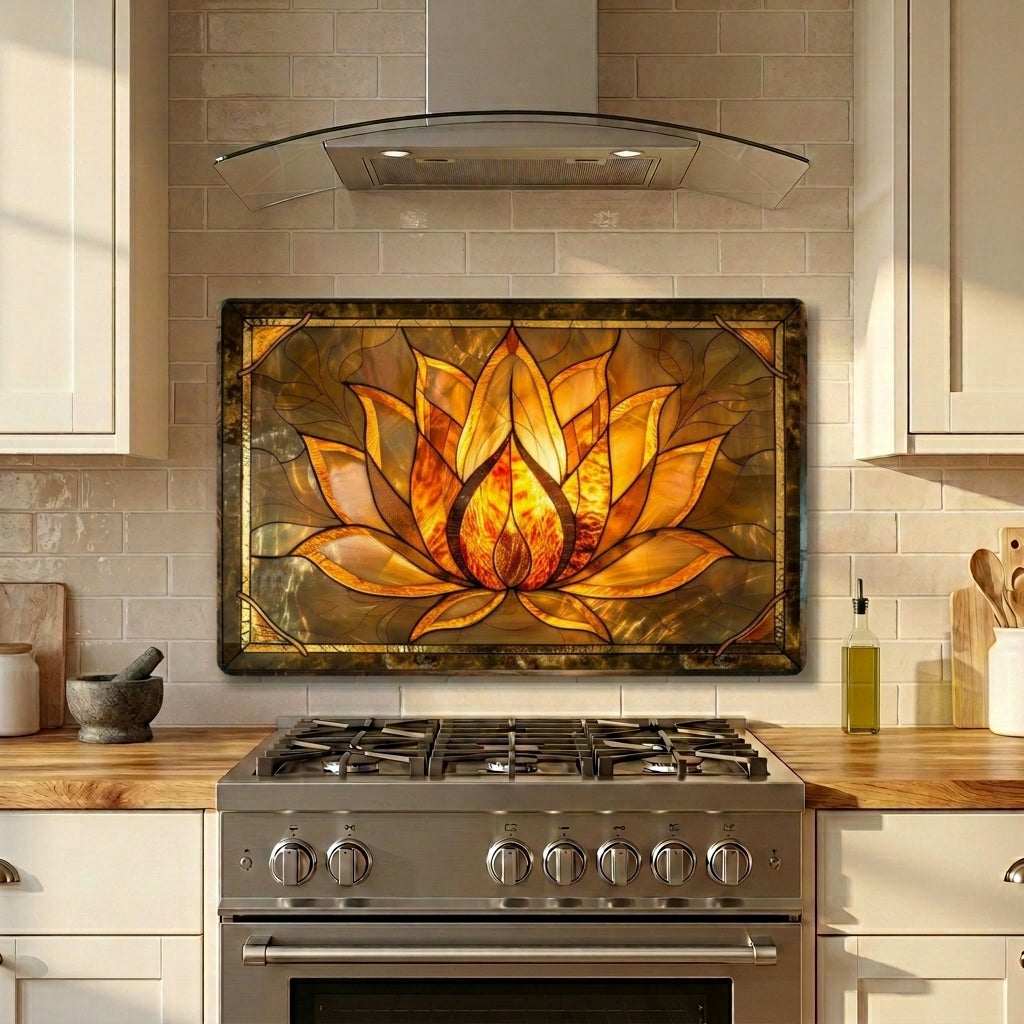 Lotus Metal Kitchen Backsplash Panel, Stained Glass Inspired Wall Art