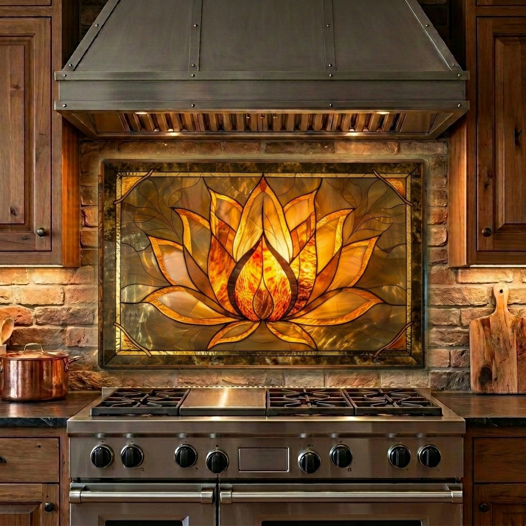 Lotus Metal Kitchen Backsplash Panel, Stained Glass Inspired Wall Art